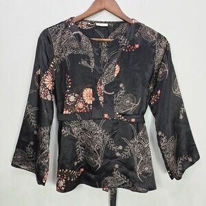 Vintage Y2K Kimono Top L Black Asian Floral Satin Fairy‎ Grunge Whimsigoth